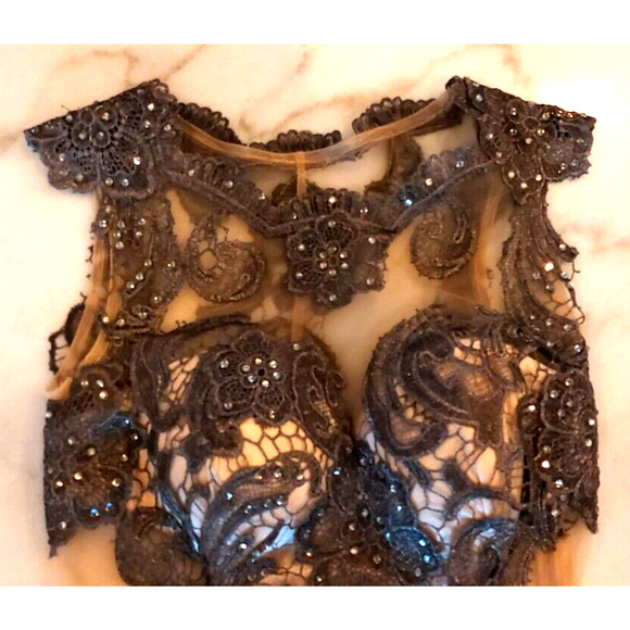 Dave & Johnny Embroidered Rhinestone Illusion Cocktail Dress, Gunmetal Silver, 0 - Picture 5 of 10